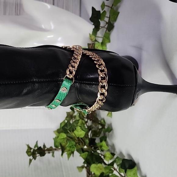 Gold Cuban Link Chain and Green Leather Boot Ankle Bracelet - Picture 3 of 9